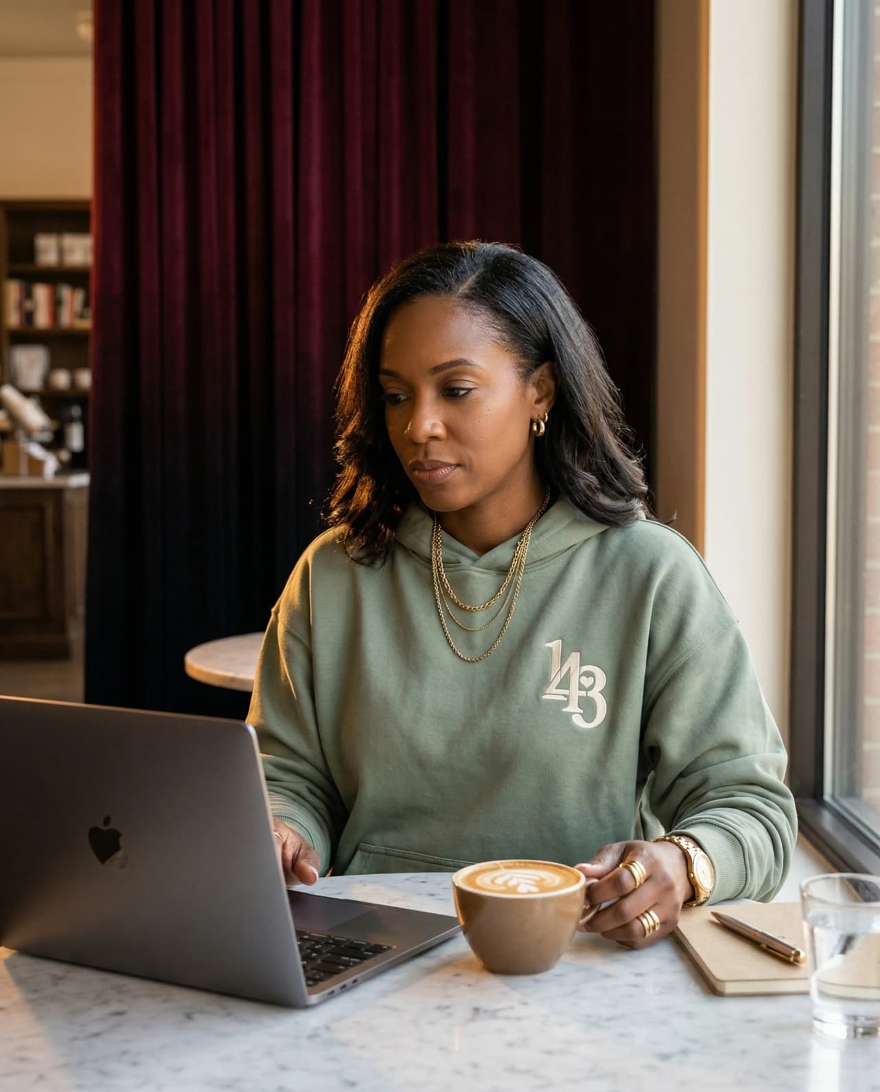 Work-from-cafΓ© in sage ONE4THREE hoodie