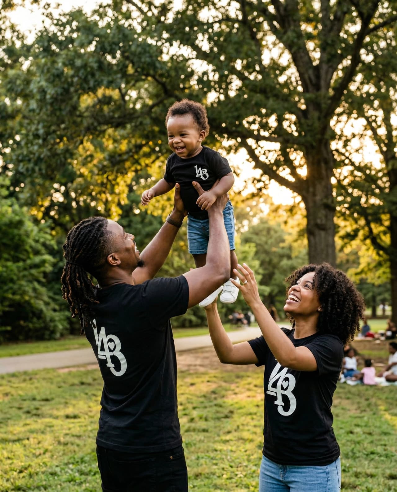Family at the park wearing 143 tees