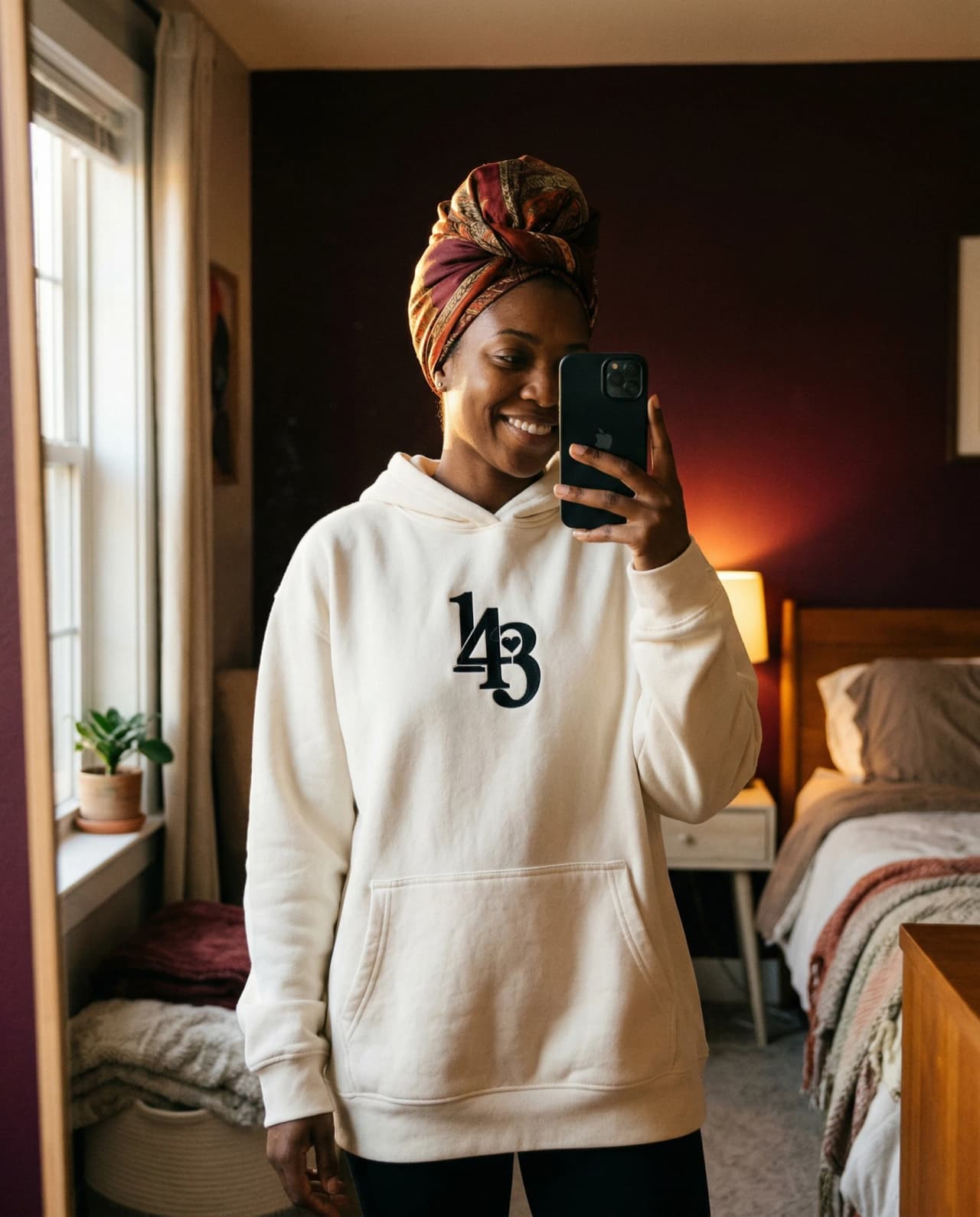Morning mirror selfie in 143 hoodie